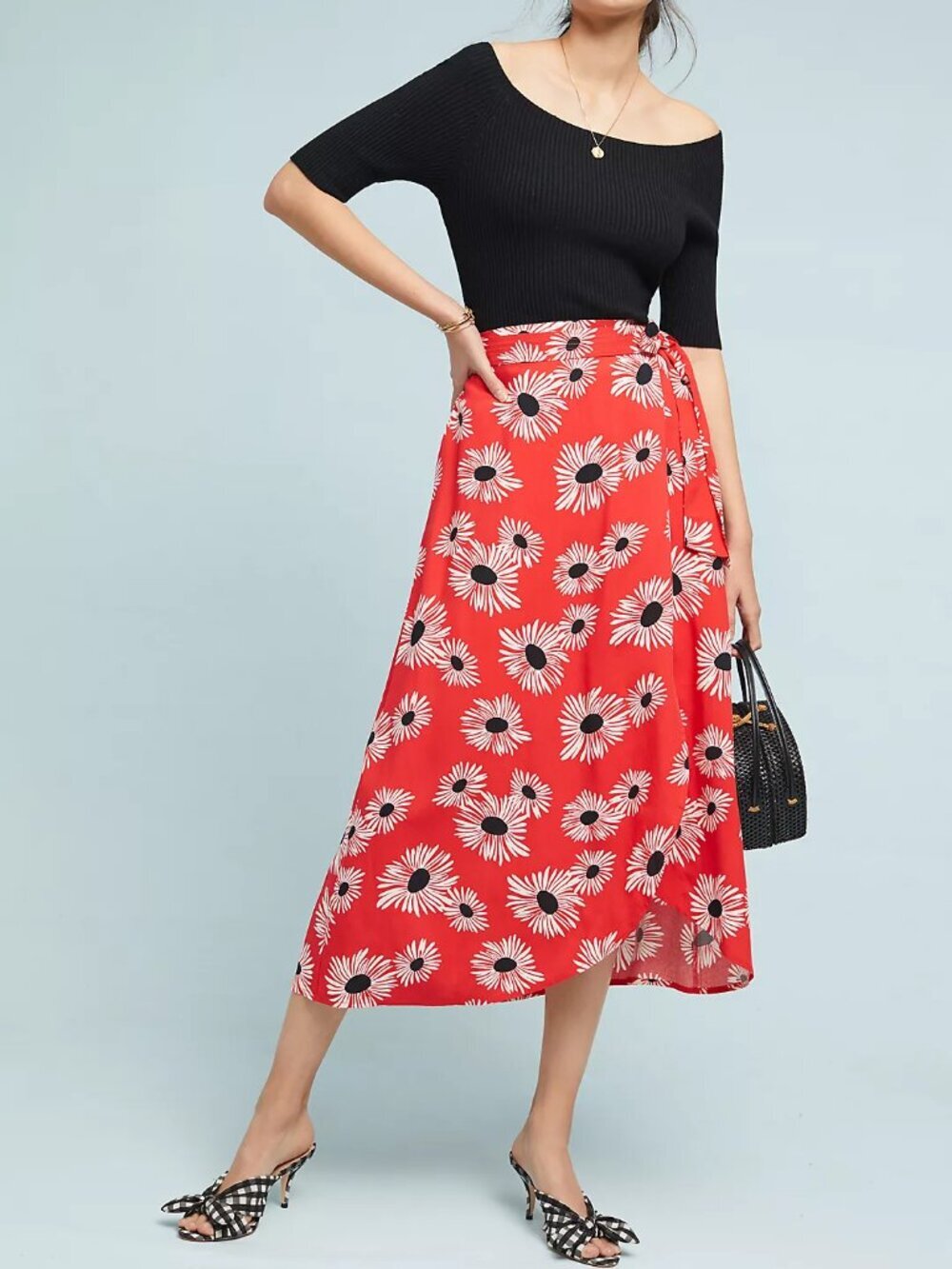 Anthropologie Conversations Colloquial Red Daisy Print Wrap Midi Skirt S - Picture 2 of 9